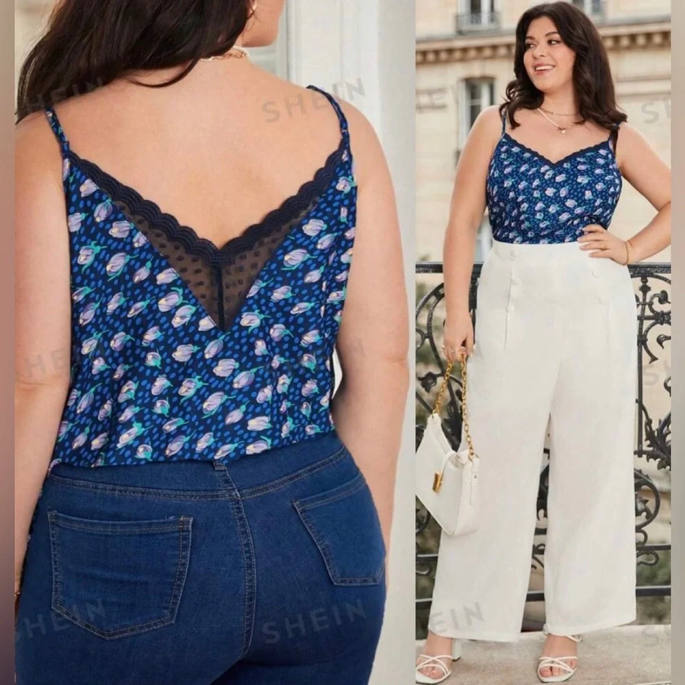 Plus Size Lace & Floral French Style Tank Top Vibrant Blue Green Purple - Picture 1 of 16